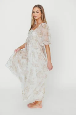 Fashion Worth Collective Mona Maxi Dress with Smocking in Cream Floral - Bump Friendly & Inclus
