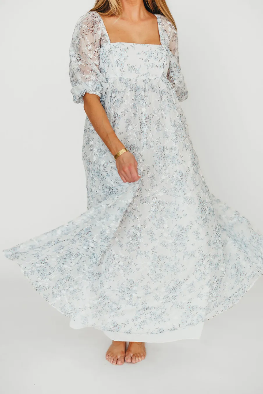Online Worth Collective Mona Maxi Dress with Smocking in Blue White - Bump Friendly & Inclusiv