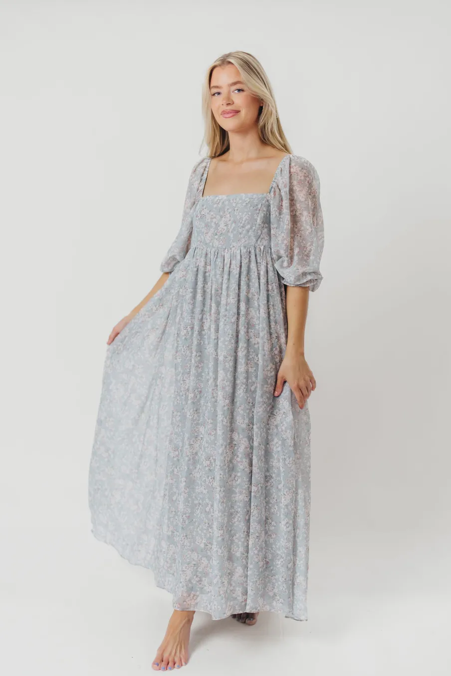 New Worth Collective Mona Maxi Dress with Smocking in Sage Green Floral - Bump Friendly & I
