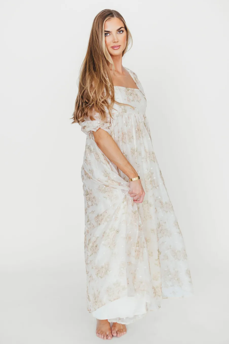 Fashion Worth Collective Mona Maxi Dress with Smocking in Cream Floral - Bump Friendly & Inclus
