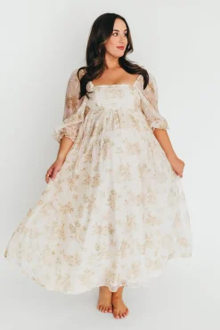 Fashion Worth Collective Mona Maxi Dress with Smocking in Cream Floral - Bump Friendly & Inclus