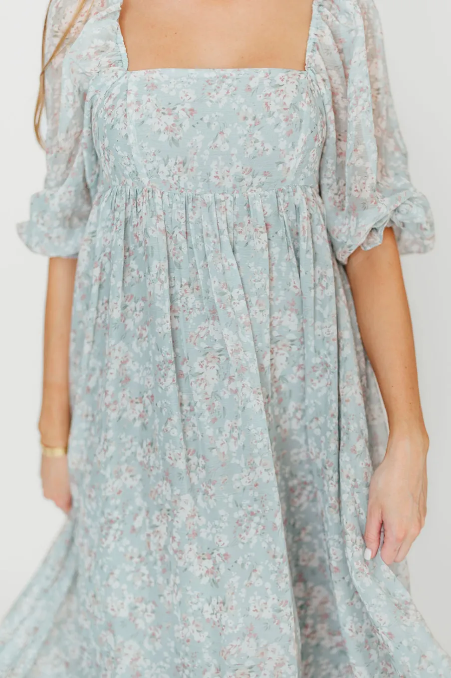 New Worth Collective Mona Maxi Dress with Smocking in Sage Green Floral - Bump Friendly & I