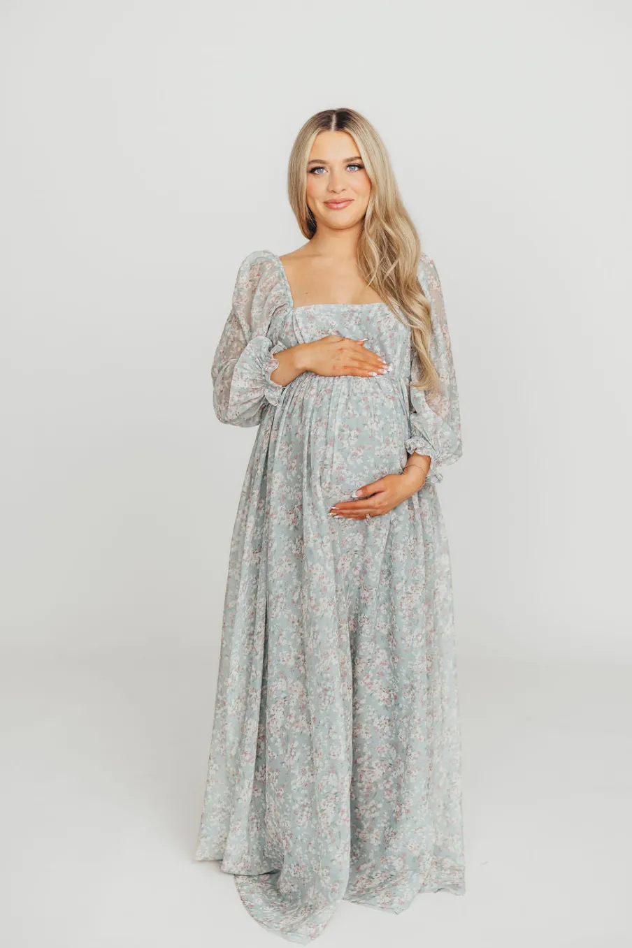 New Worth Collective Mona Maxi Dress with Smocking in Sage Green Floral - Bump Friendly & I