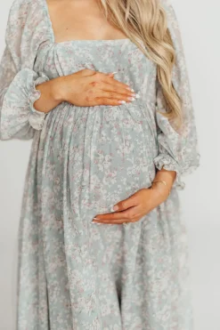 New Worth Collective Mona Maxi Dress with Smocking in Sage Green Floral - Bump Friendly & I