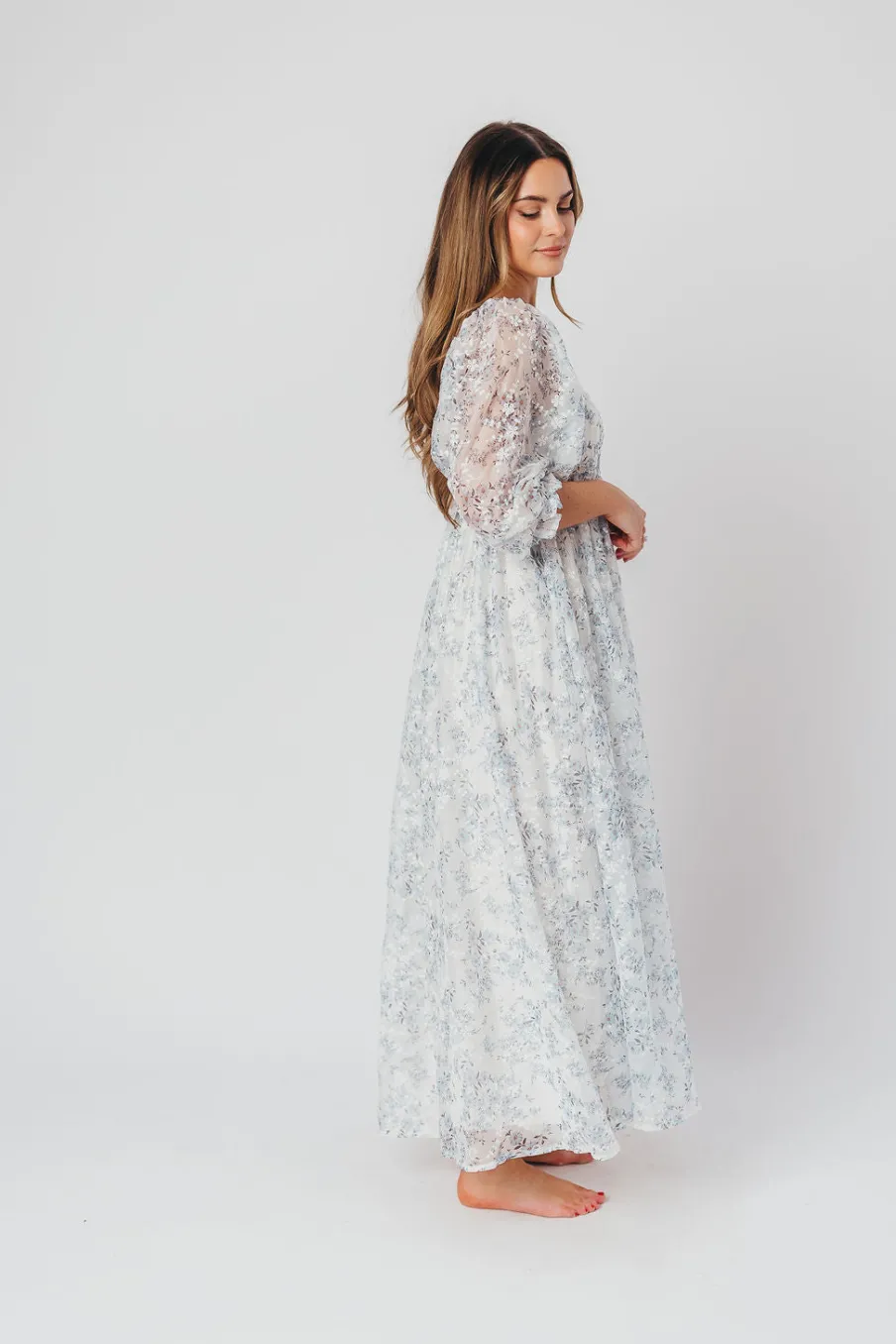 Online Worth Collective Mona Maxi Dress with Smocking in Blue White - Bump Friendly & Inclusiv