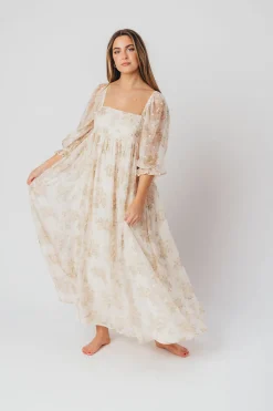 Fashion Worth Collective Mona Maxi Dress with Smocking in Cream Floral - Bump Friendly & Inclus