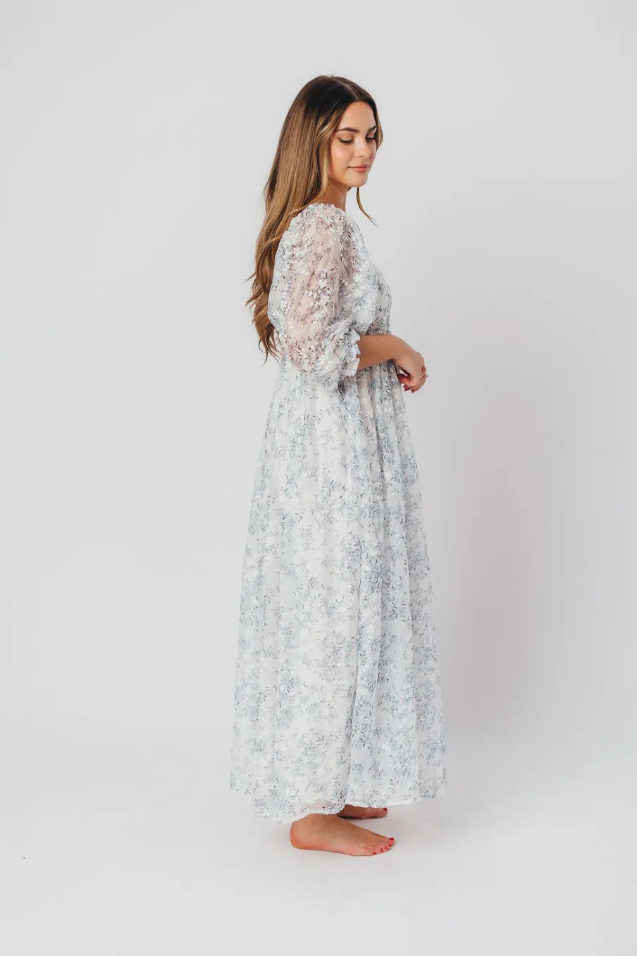Online Worth Collective Mona Maxi Dress with Smocking in Blue White - Bump Friendly & Inclusiv