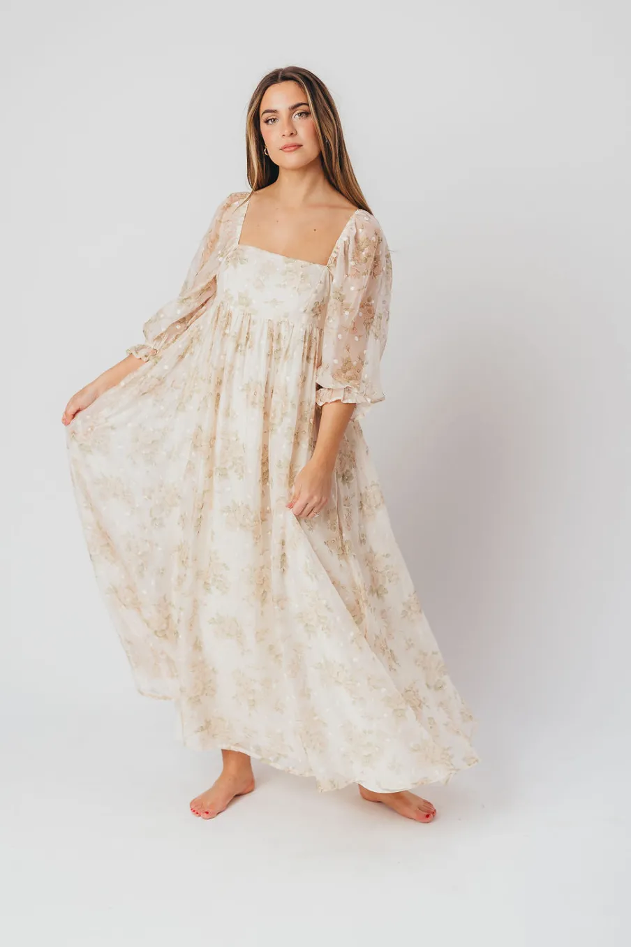 Fashion Worth Collective Mona Maxi Dress with Smocking in Cream Floral - Bump Friendly & Inclus