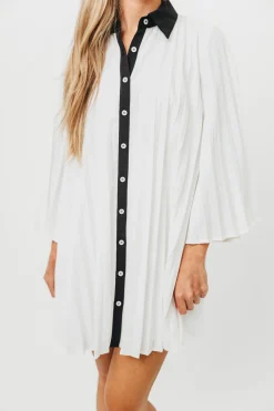 Outlet Worth Collective Monique Pleated Shirt Dress in Ivory/Black