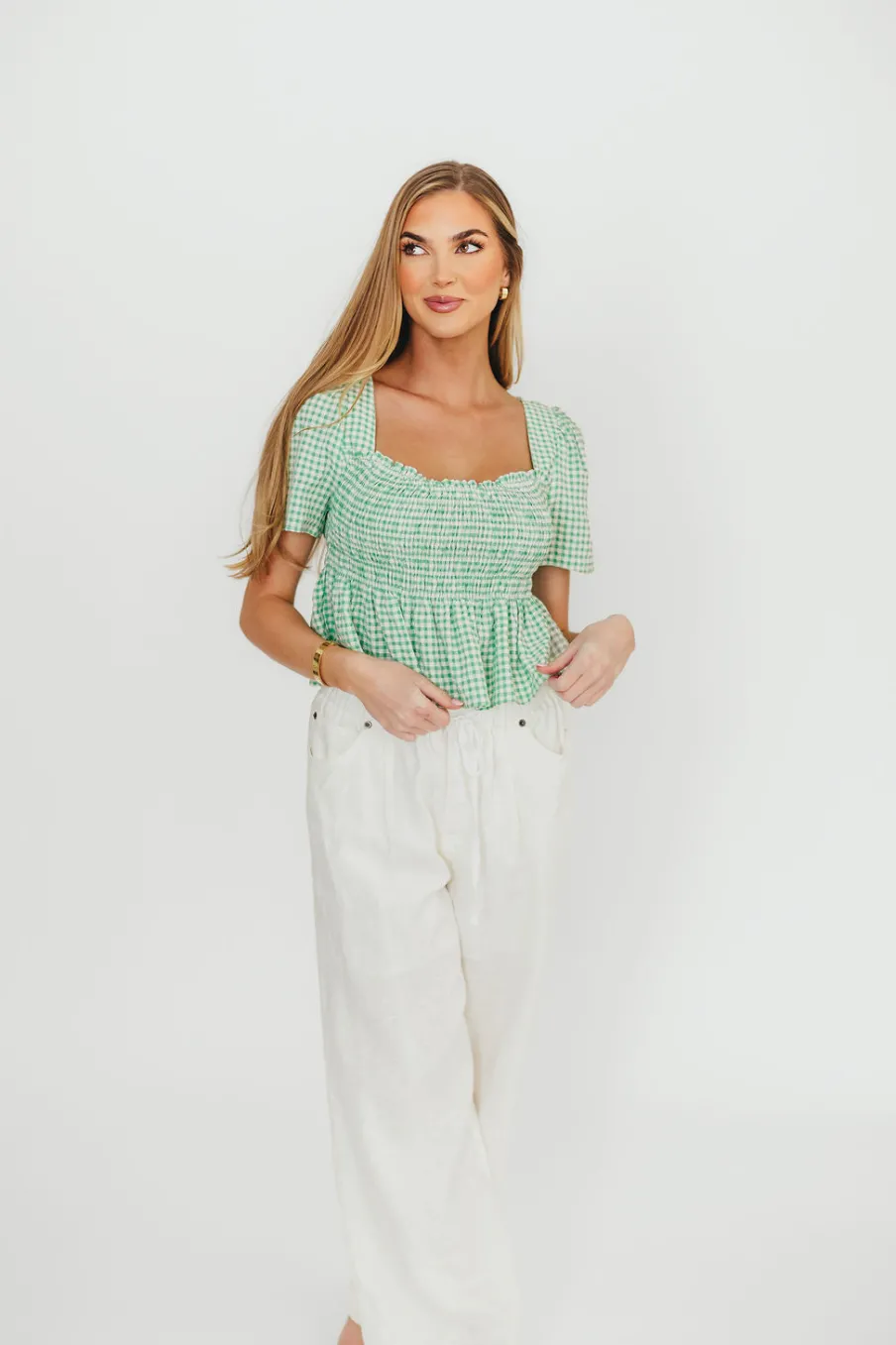 Sale Worth Collective Murphy Smocked Puff Sleeve Blouse in Green
