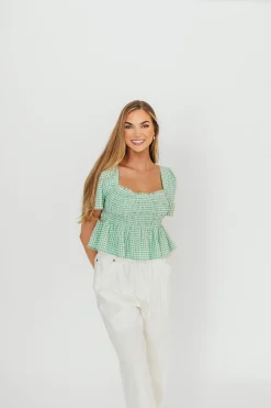 Sale Worth Collective Murphy Smocked Puff Sleeve Blouse in Green