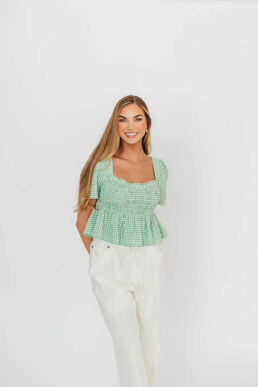 Sale Worth Collective Murphy Smocked Puff Sleeve Blouse in Green