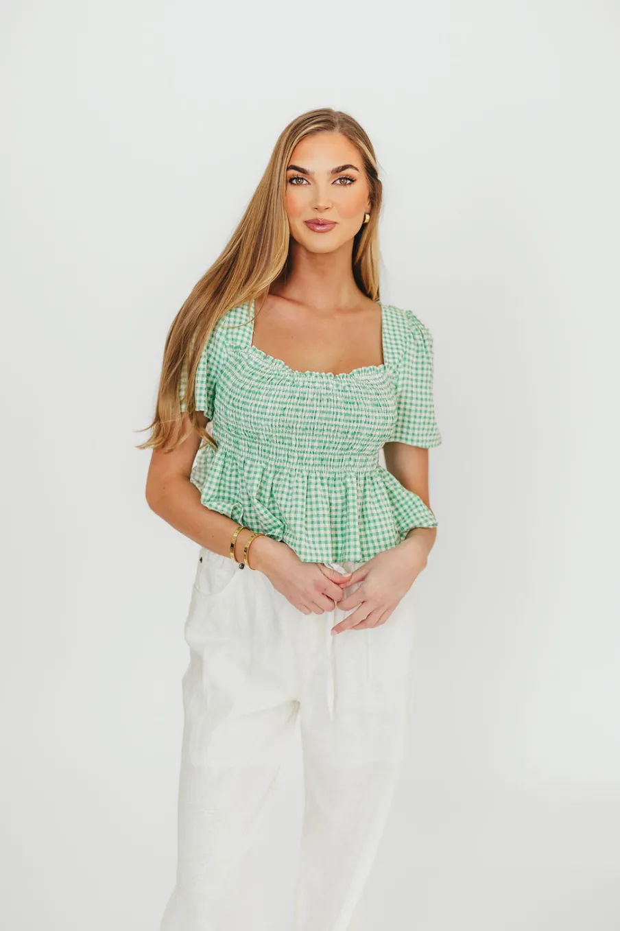 Sale Worth Collective Murphy Smocked Puff Sleeve Blouse in Green