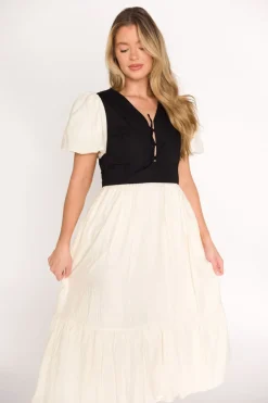 Clearance Worth Collective Mya Contrast Tie-Vest Midi Dress in Ivory/Black