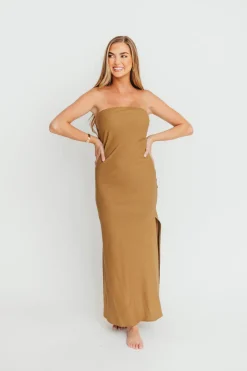 Fashion Worth Collective Naidelyn Strapless Maxi Dress in Golden Palm