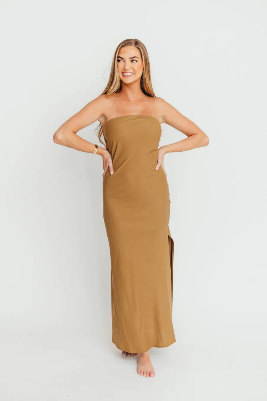 Fashion Worth Collective Naidelyn Strapless Maxi Dress in Golden Palm