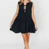 Discount Worth Collective Nessa Tie Mini Dress Woven in Black 100% Linen