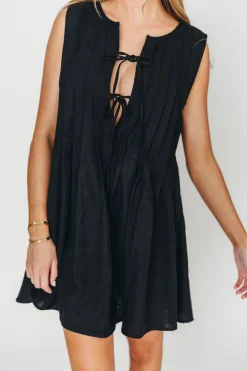 Discount Worth Collective Nessa Tie Mini Dress Woven in Black 100% Linen