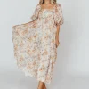 Online Worth Collective *New* Mona Maxi Dress with Smocking in Beige Multi - Bump Friendly & I