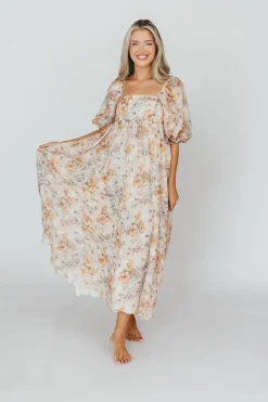 Online Worth Collective *New* Mona Maxi Dress with Smocking in Beige Multi - Bump Friendly & I