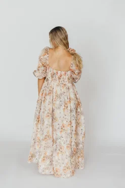 Online Worth Collective *New* Mona Maxi Dress with Smocking in Beige Multi - Bump Friendly & I