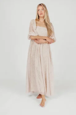 Online Worth Collective *New* Mona Maxi Dress with Smocking in Beige Floral - Bump Friendly &