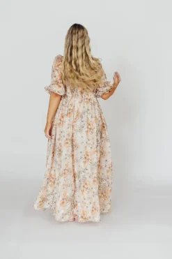 Online Worth Collective *New* Mona Maxi Dress with Smocking in Beige Multi - Bump Friendly & I