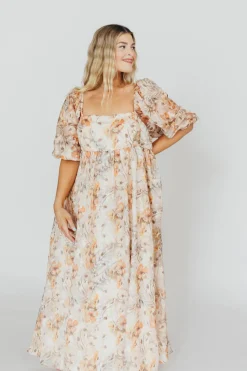Online Worth Collective *New* Mona Maxi Dress with Smocking in Beige Multi - Bump Friendly & I