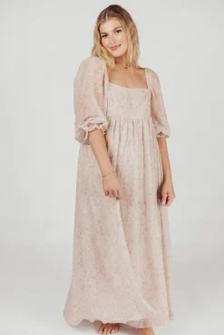 Online Worth Collective *New* Mona Maxi Dress with Smocking in Beige Floral - Bump Friendly &