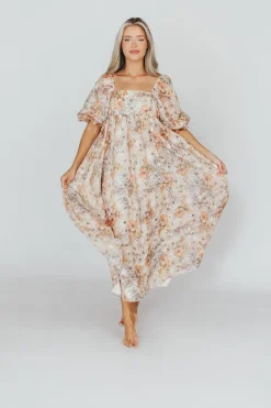 Online Worth Collective *New* Mona Maxi Dress with Smocking in Beige Multi - Bump Friendly & I