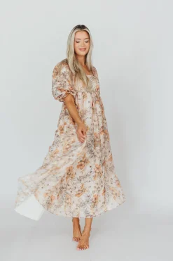 Online Worth Collective *New* Mona Maxi Dress with Smocking in Beige Multi - Bump Friendly & I