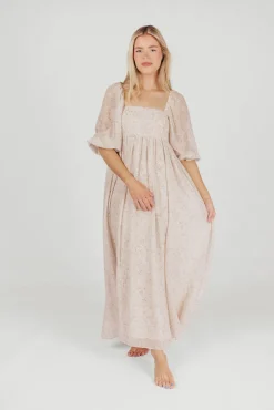 Online Worth Collective *New* Mona Maxi Dress with Smocking in Beige Floral - Bump Friendly &