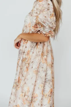 Online Worth Collective *New* Mona Maxi Dress with Smocking in Beige Multi - Bump Friendly & I