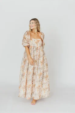 Online Worth Collective *New* Mona Maxi Dress with Smocking in Beige Multi - Bump Friendly & I
