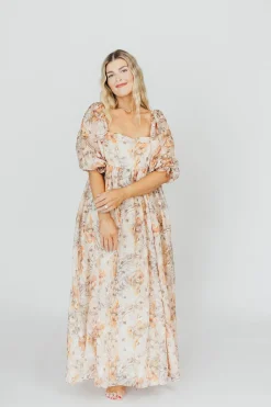 Online Worth Collective *New* Mona Maxi Dress with Smocking in Beige Multi - Bump Friendly & I