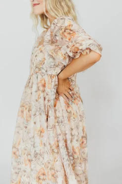Online Worth Collective *New* Mona Maxi Dress with Smocking in Beige Multi - Bump Friendly & I