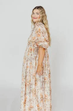Online Worth Collective *New* Mona Maxi Dress with Smocking in Beige Multi - Bump Friendly & I