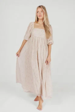 Online Worth Collective *New* Mona Maxi Dress with Smocking in Beige Floral - Bump Friendly &