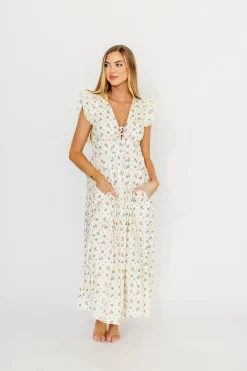 Best Worth Collective Nicole 100% Cotton Tie Front Ruffle Maxi Dress in Cream Multi Floral