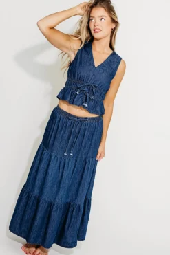 Online Worth Collective Noah 100% Cotton Peplum Top and Midi Skirt Set in Denim