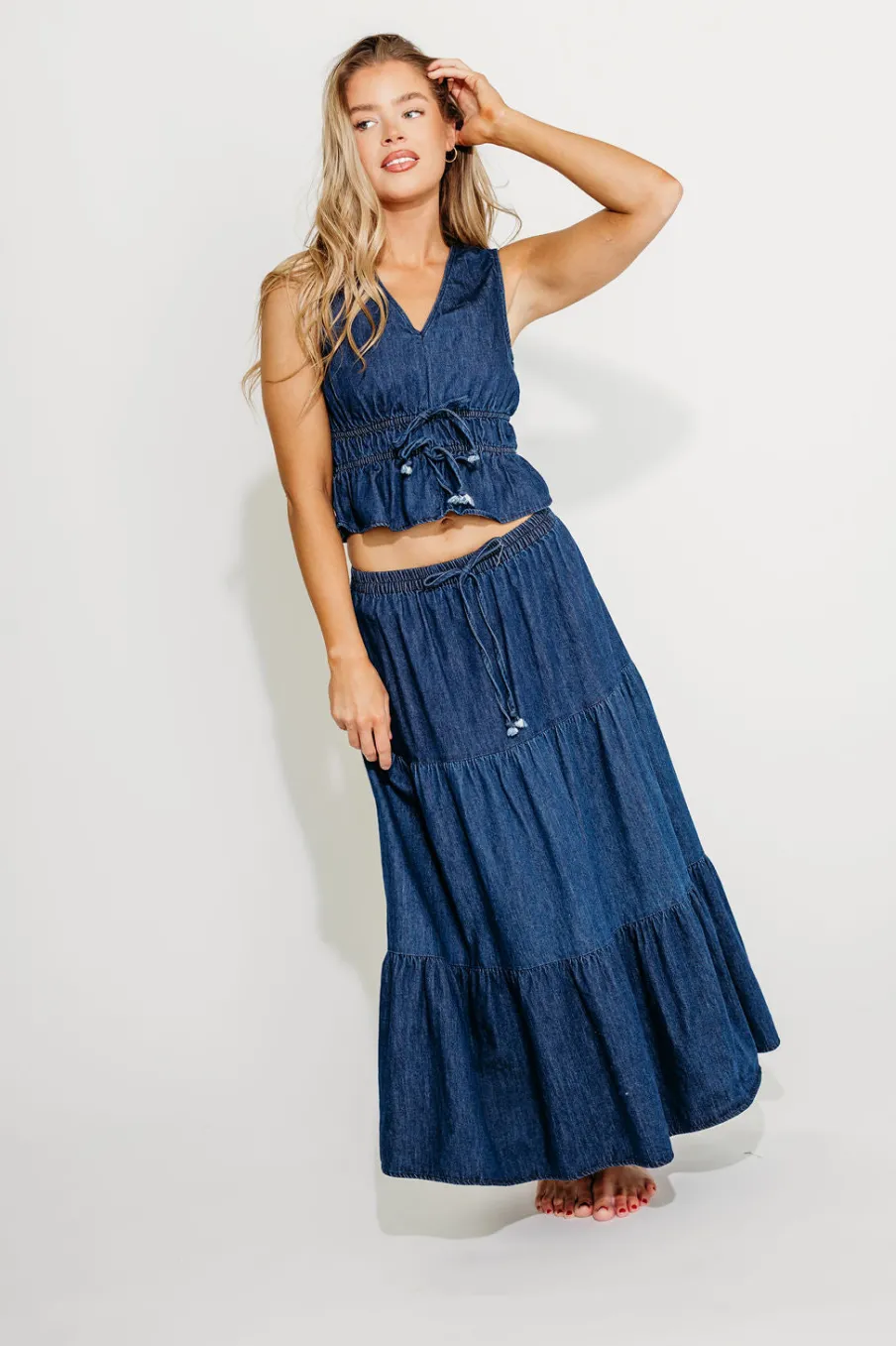Online Worth Collective Noah 100% Cotton Peplum Top and Midi Skirt Set in Denim