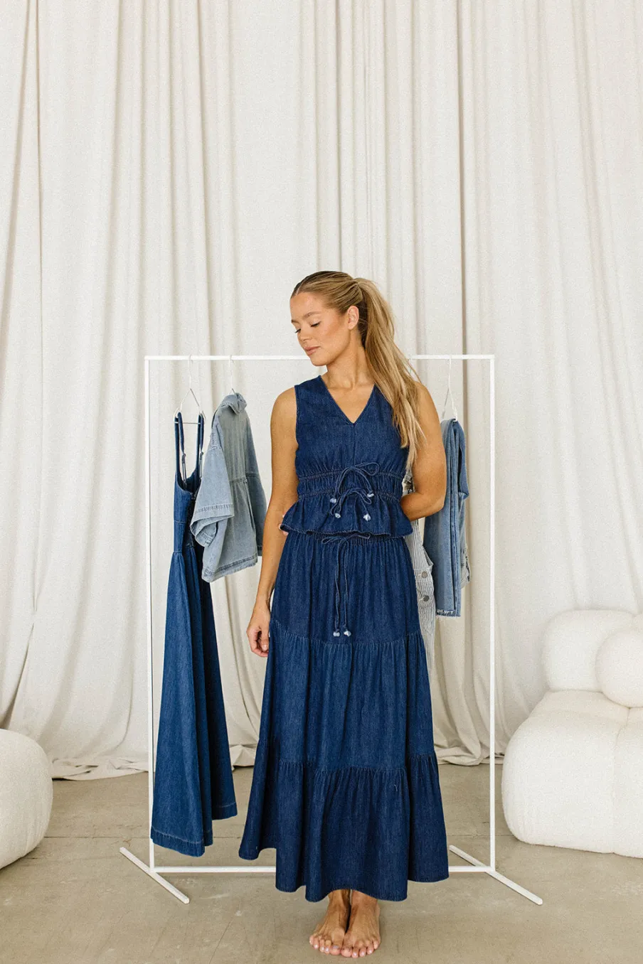 Online Worth Collective Noah 100% Cotton Peplum Top and Midi Skirt Set in Denim