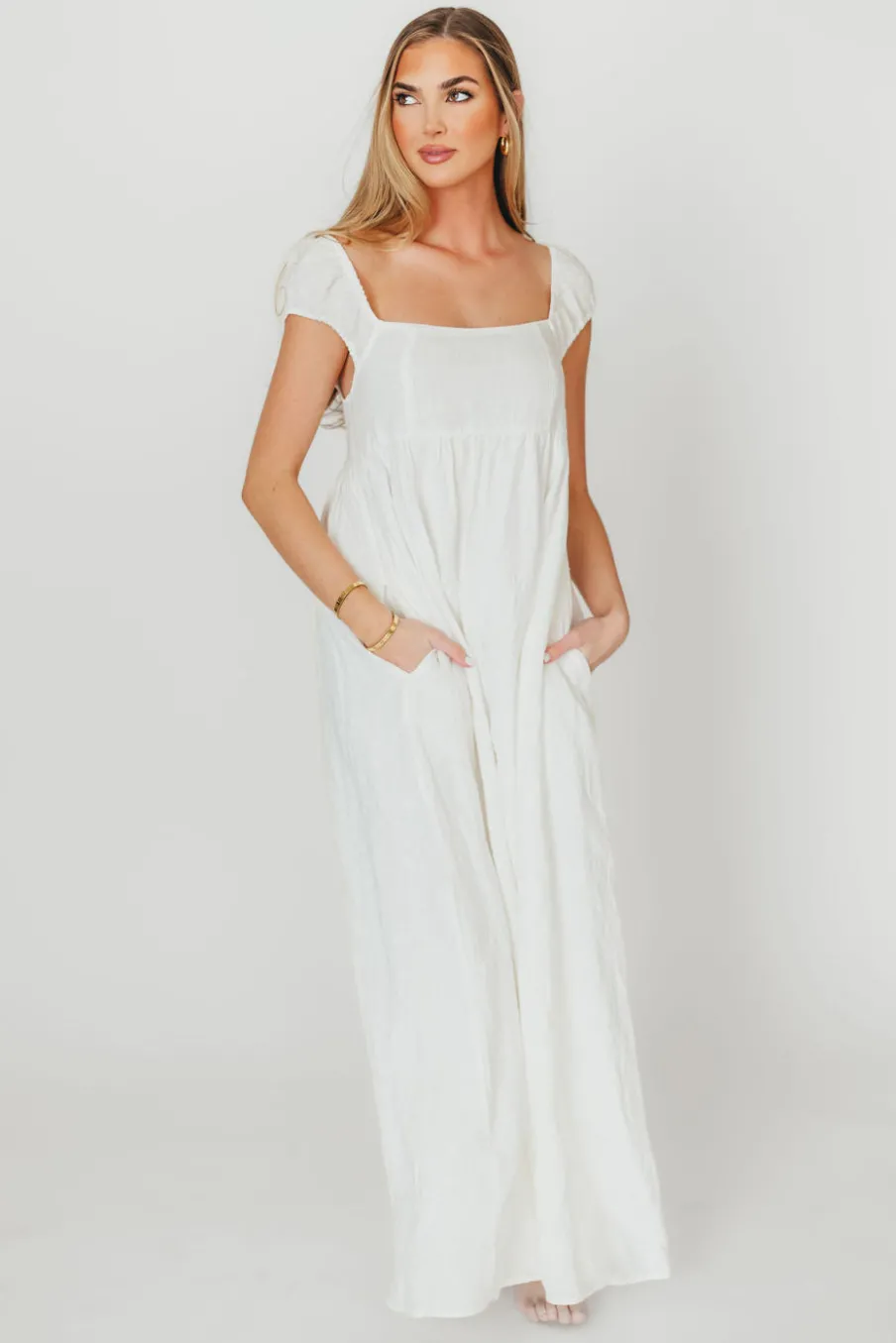 Fashion Worth Collective Novella 100% Linen Maxi Dress in Off-White - Bump Friendly