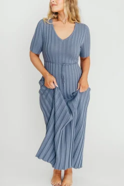 Hot Worth Collective Oakley Ribbed Maxi Dress in Dusty Blue - Bump Friendly