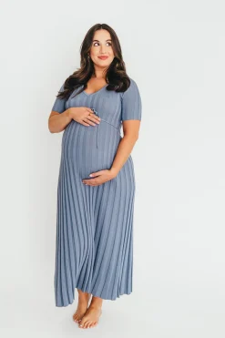 Hot Worth Collective Oakley Ribbed Maxi Dress in Dusty Blue - Bump Friendly