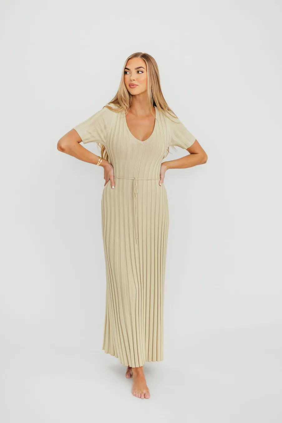 New Worth Collective Oakley Ribbed Maxi Dress in Dusty Lime - Bump Friendly