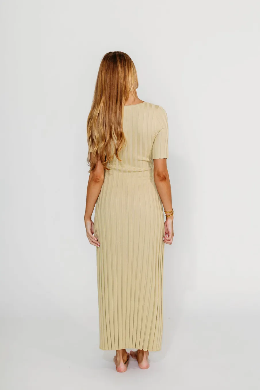 New Worth Collective Oakley Ribbed Maxi Dress in Dusty Lime - Bump Friendly