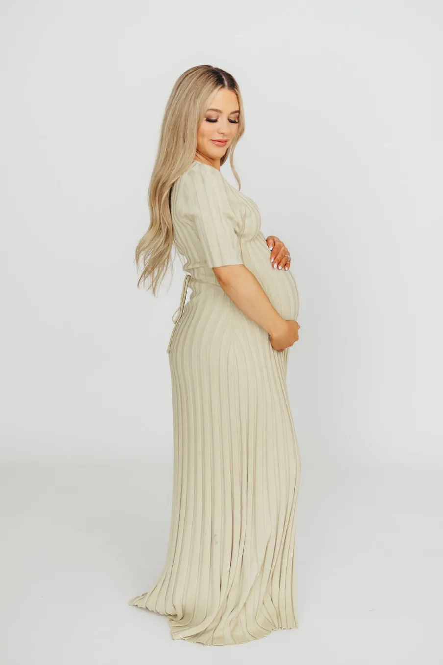 New Worth Collective Oakley Ribbed Maxi Dress in Dusty Lime - Bump Friendly
