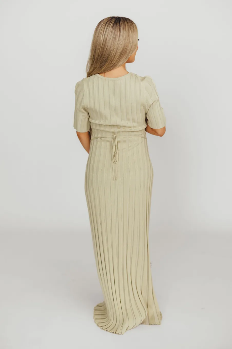 New Worth Collective Oakley Ribbed Maxi Dress in Dusty Lime - Bump Friendly