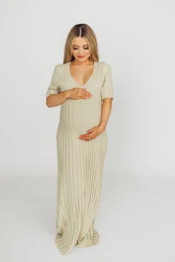 New Worth Collective Oakley Ribbed Maxi Dress in Dusty Lime - Bump Friendly